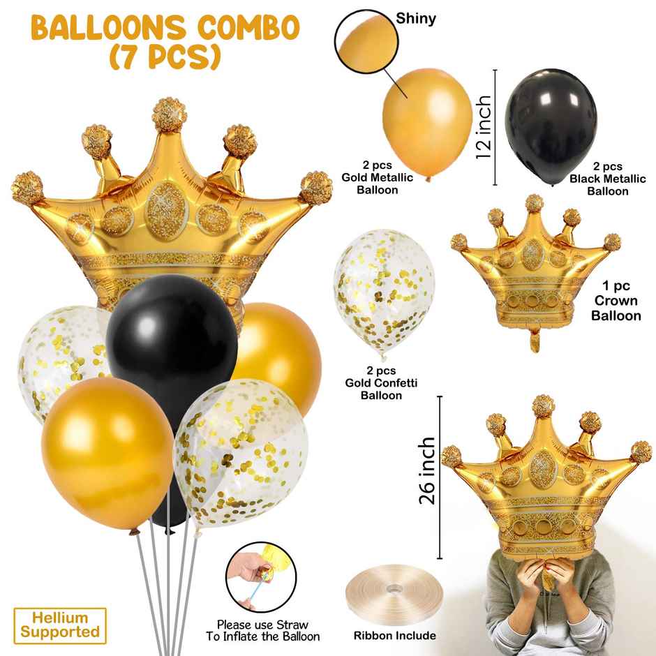 Party Propz Golden Balloons Party Decorations Combo With Crown Foil Balloon